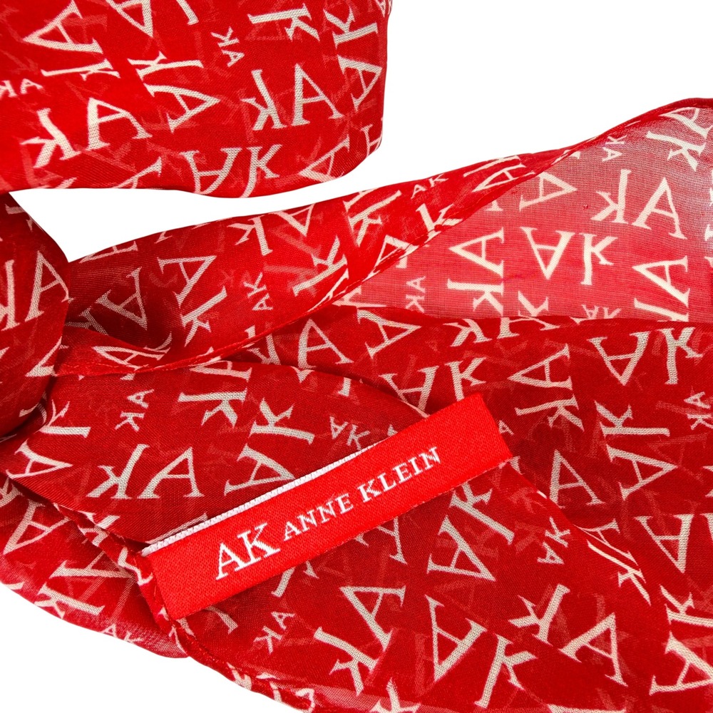 Anne Klein Red Silk Logo Monogram Rectangular Scarf AK Logo Print 10x58